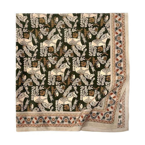 100% Mulberry Silk Scarf 26"x26" 65x65cm, Green Woodland Horse Print Silk Crepe de Chine Square Scarf, Neckwear, Gift for Her