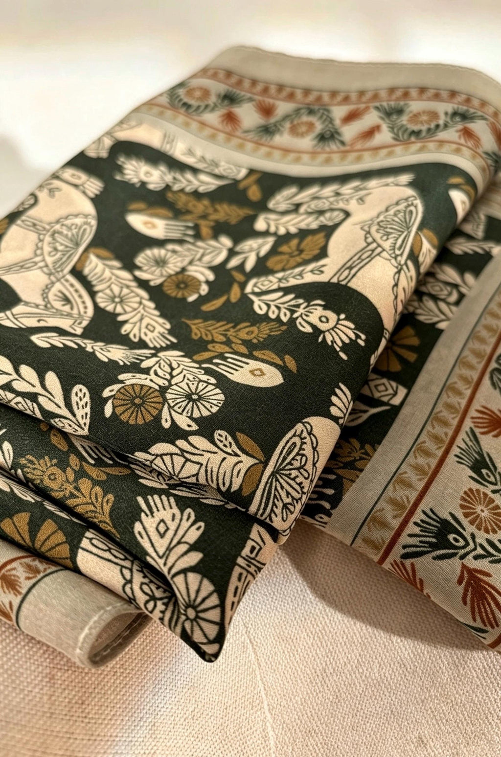 100% Mulberry Silk Scarf 26"x26" 65x65cm, Green Woodland Horse Print Silk Crepe de Chine Square Scarf, Neckwear, Gift for Her