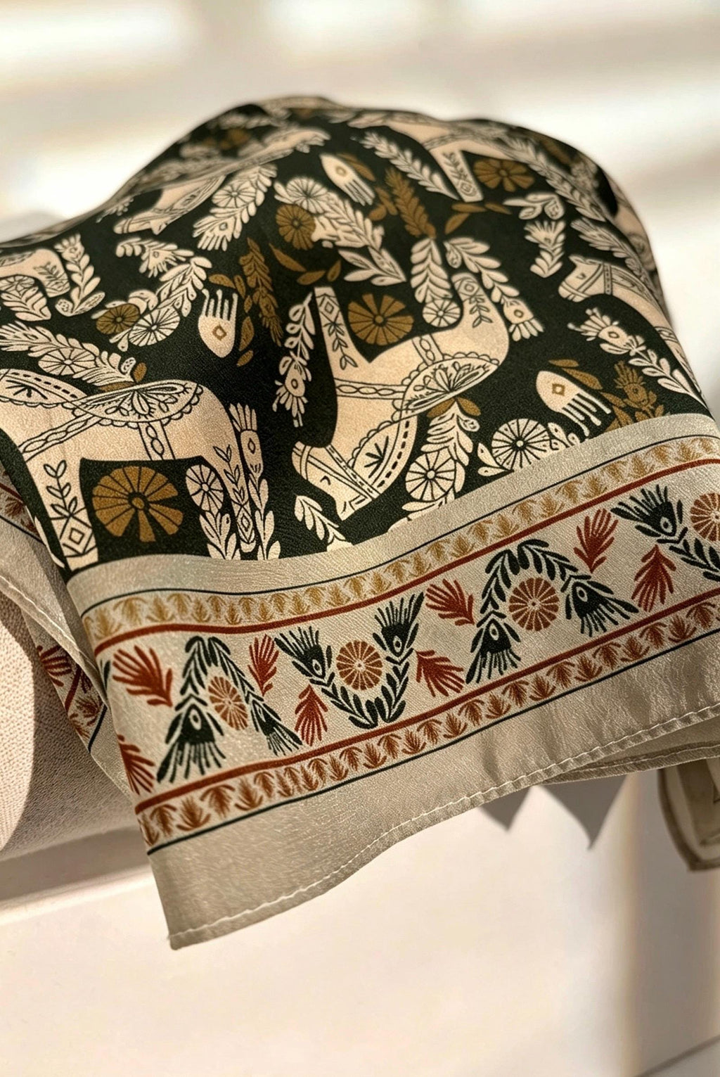 100% Mulberry Silk Scarf 26"x26" 65x65cm, Green Woodland Horse Print Silk Crepe de Chine Square Scarf, Neckwear, Gift for Her