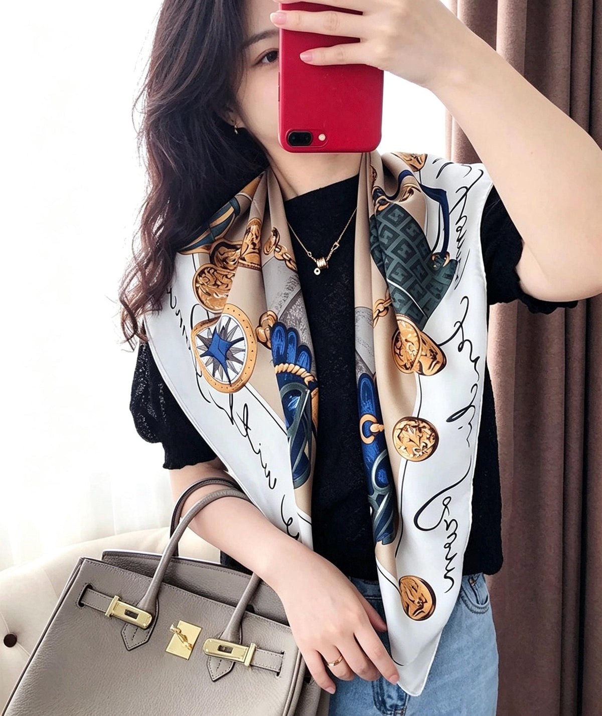 Silk Scarf 35"x35" 88x88cm, Vintage Retro Fashion Lady Silk Square Scarf, Modern Chic Silk Twill Shawl Wrap, Elegant Gift for Her