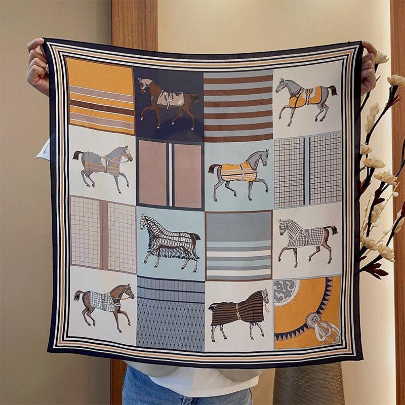 Wrapwhisper 100% Mulberry Silk Scarf 26"x26" 65x65cm, Smoky Blue Grid Horse Print Silk Crepe de Chine Square Scarf, Shawl Wrap, Gift for Her