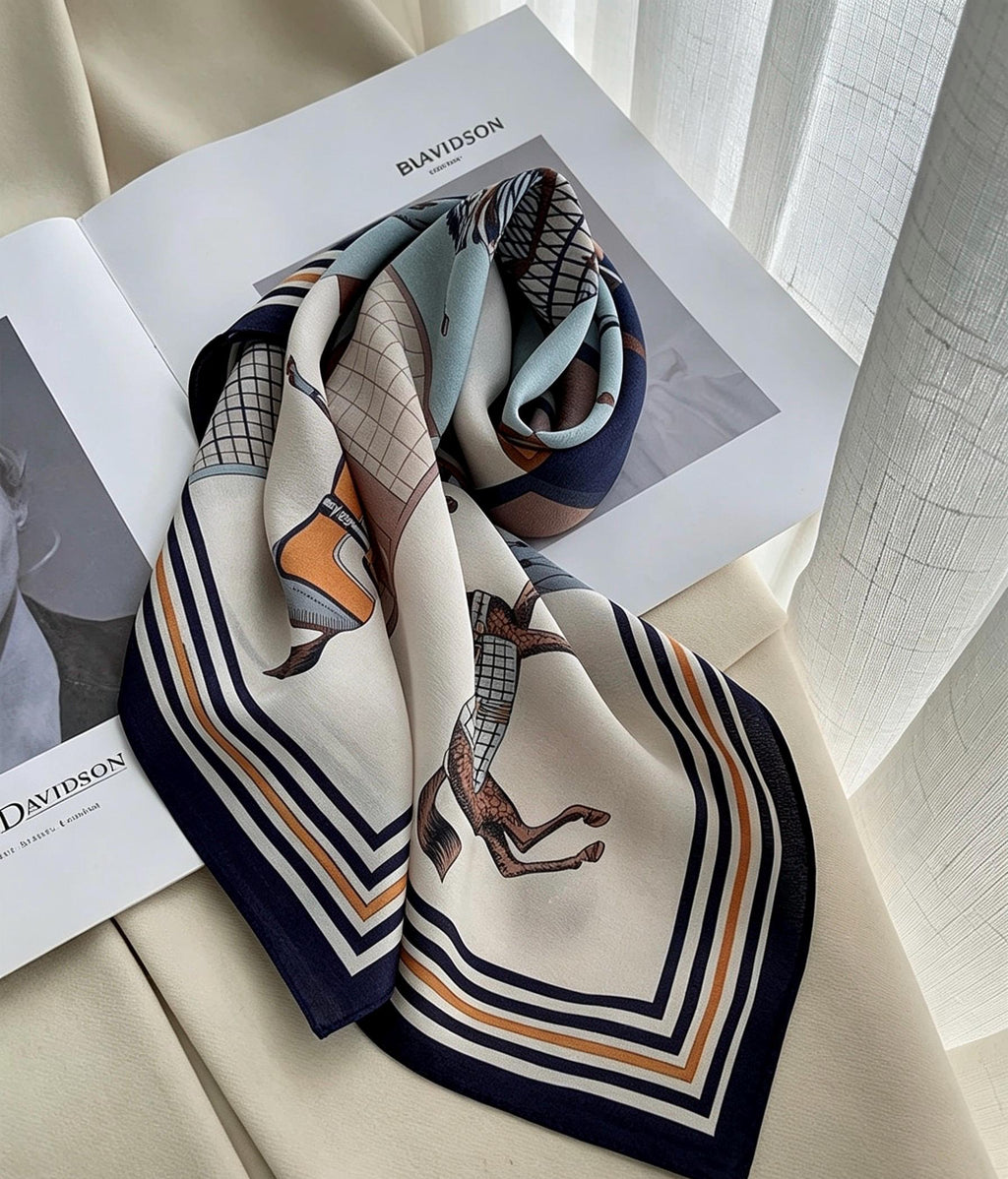 Wrapwhisper 100% Mulberry Silk Scarf 26"x26" 65x65cm, Smoky Blue Grid Horse Print Silk Crepe de Chine Square Scarf, Shawl Wrap, Gift for Her