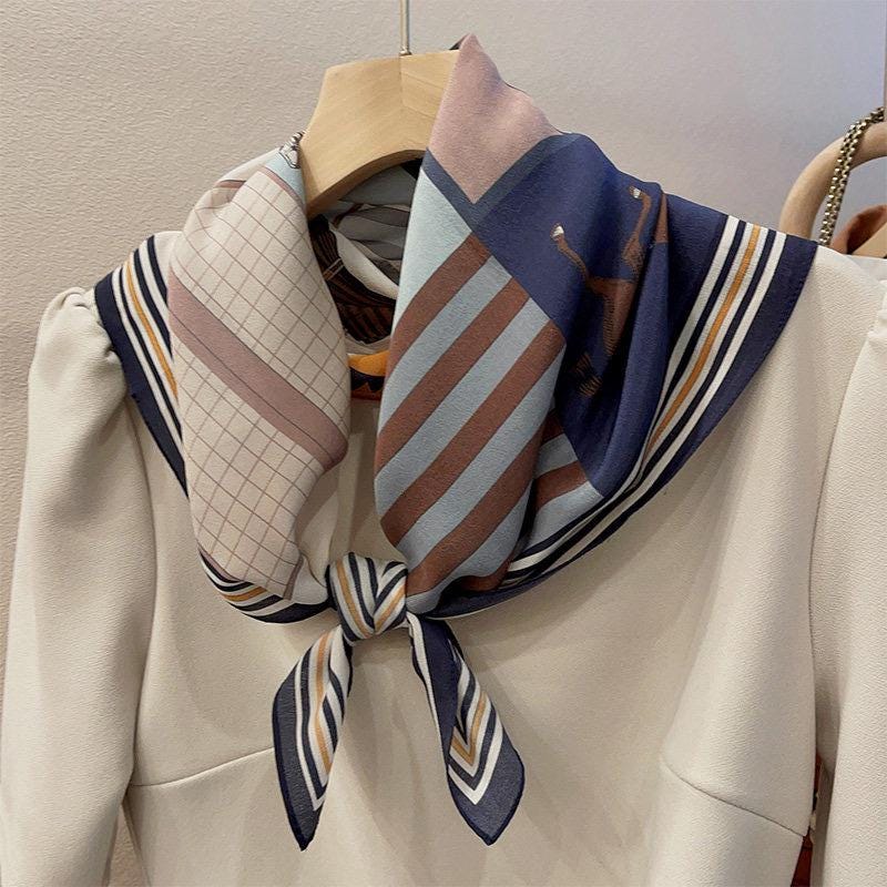 Wrapwhisper 100% Mulberry Silk Scarf 26"x26" 65x65cm, Smoky Blue Grid Horse Print Silk Crepe de Chine Square Scarf, Shawl Wrap, Gift for Her