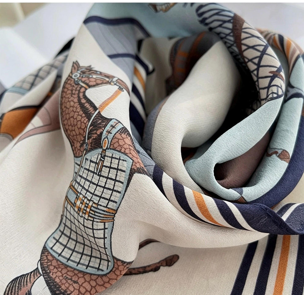 Wrapwhisper 100% Mulberry Silk Scarf 26"x26" 65x65cm, Smoky Blue Grid Horse Print Silk Crepe de Chine Square Scarf, Shawl Wrap, Gift for Her