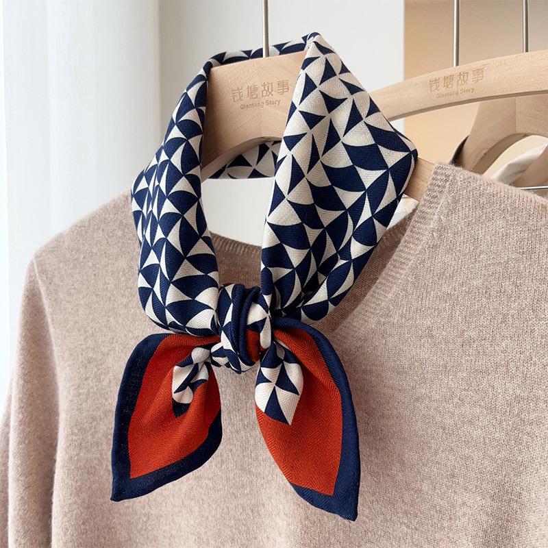 Silk Wool Scarf 26"x26" 65x65cm, Geometric Monogram Silk Wool Square Scarf, Color Block Neckwear Shawl Wrap, Fall Winter Gift for Her