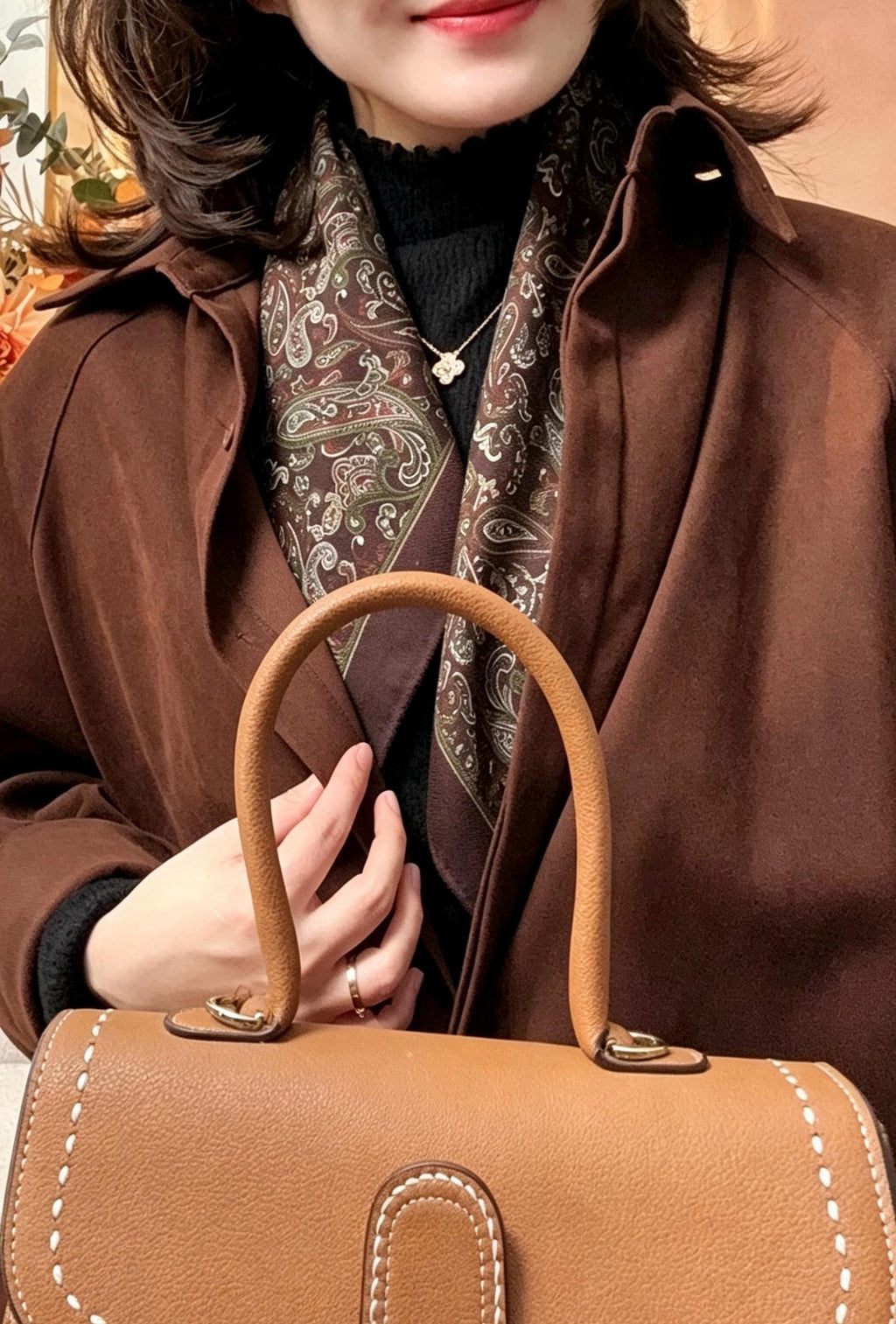 Silk Wool Scarf 35"x35" 88x88cm, Paisley Maillard Brown Silk Wool Square Scarf, Vintage Winter Shawl Wrap, Elegant Gift for Her