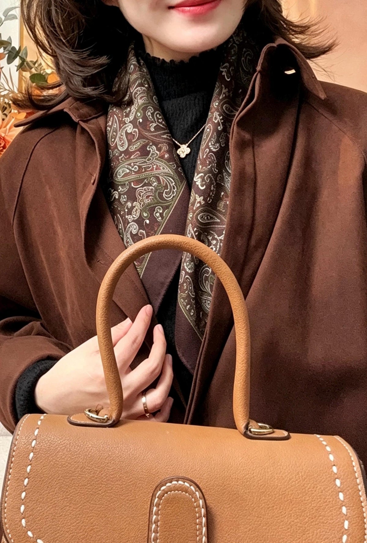 Silk Wool Scarf 35"x35" 88x88cm, Paisley Maillard Brown Silk Wool Square Scarf, Vintage Winter Shawl Wrap, Elegant Gift for Her