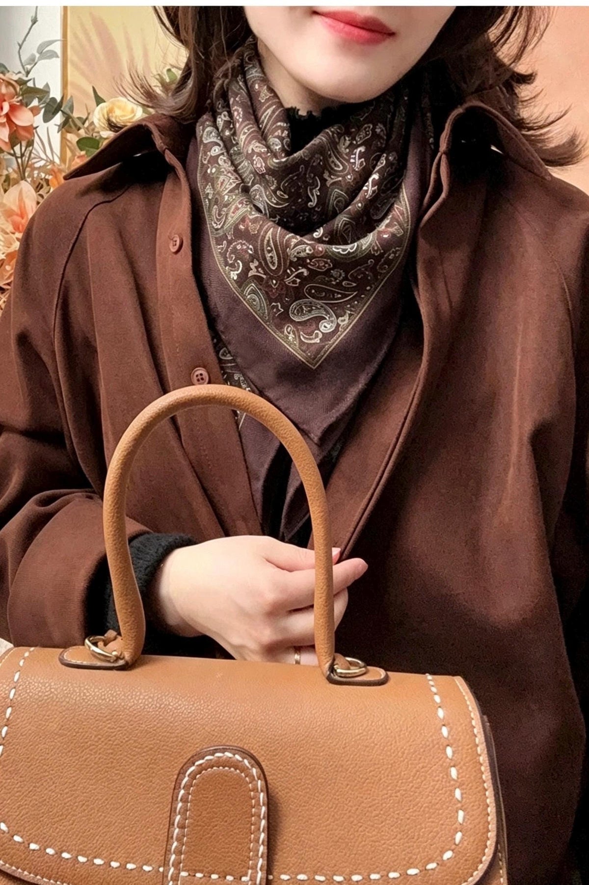 Silk Wool Scarf 35"x35" 88x88cm, Paisley Maillard Brown Silk Wool Square Scarf, Vintage Winter Shawl Wrap, Elegant Gift for Her