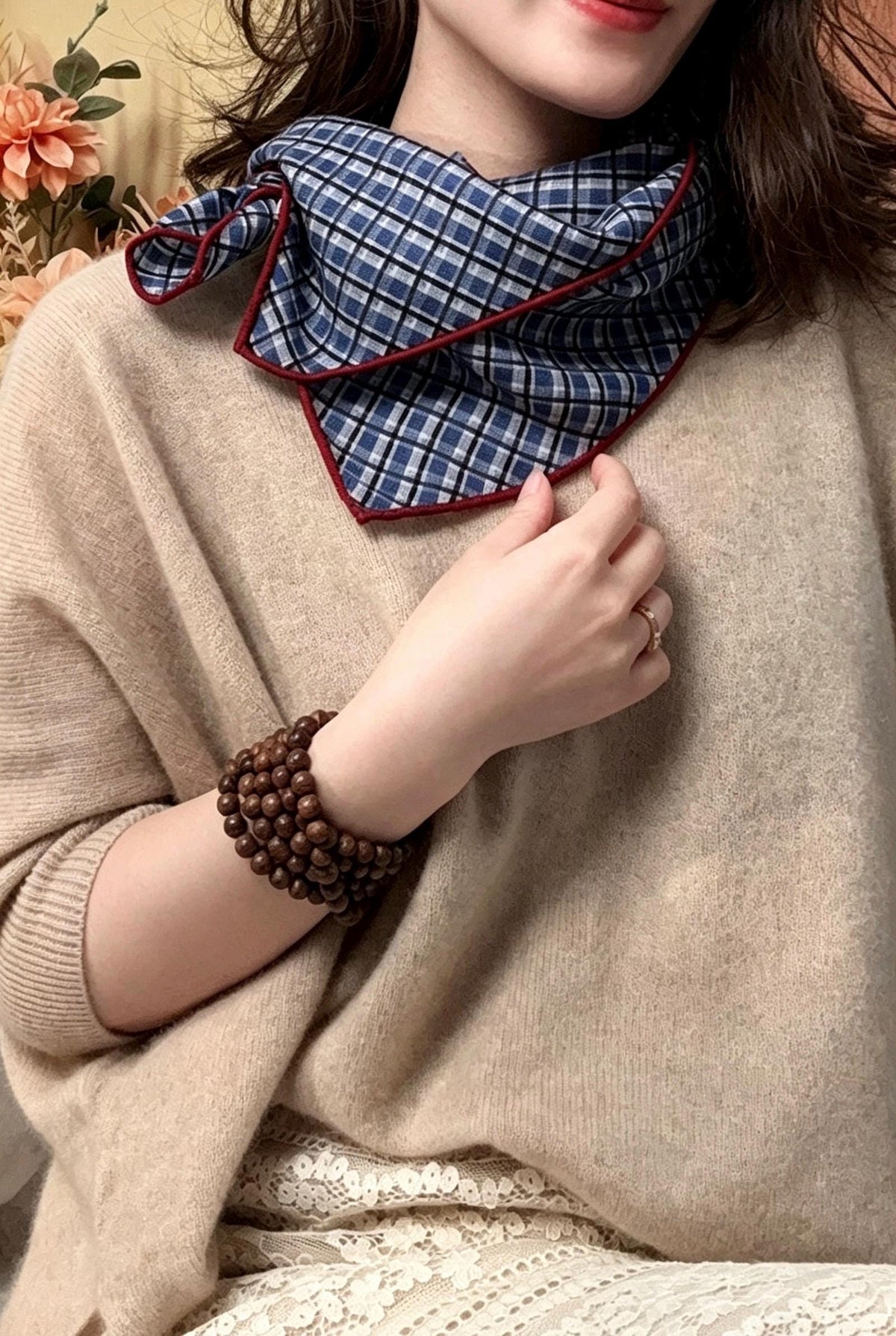 Silk Wool Scarf 27"x27" 68x68cm, Blue Plaid Silk Wool Square Scarf, Vintage Soft Blue Neckwear Shawl Wrap, Spring Gift for Her