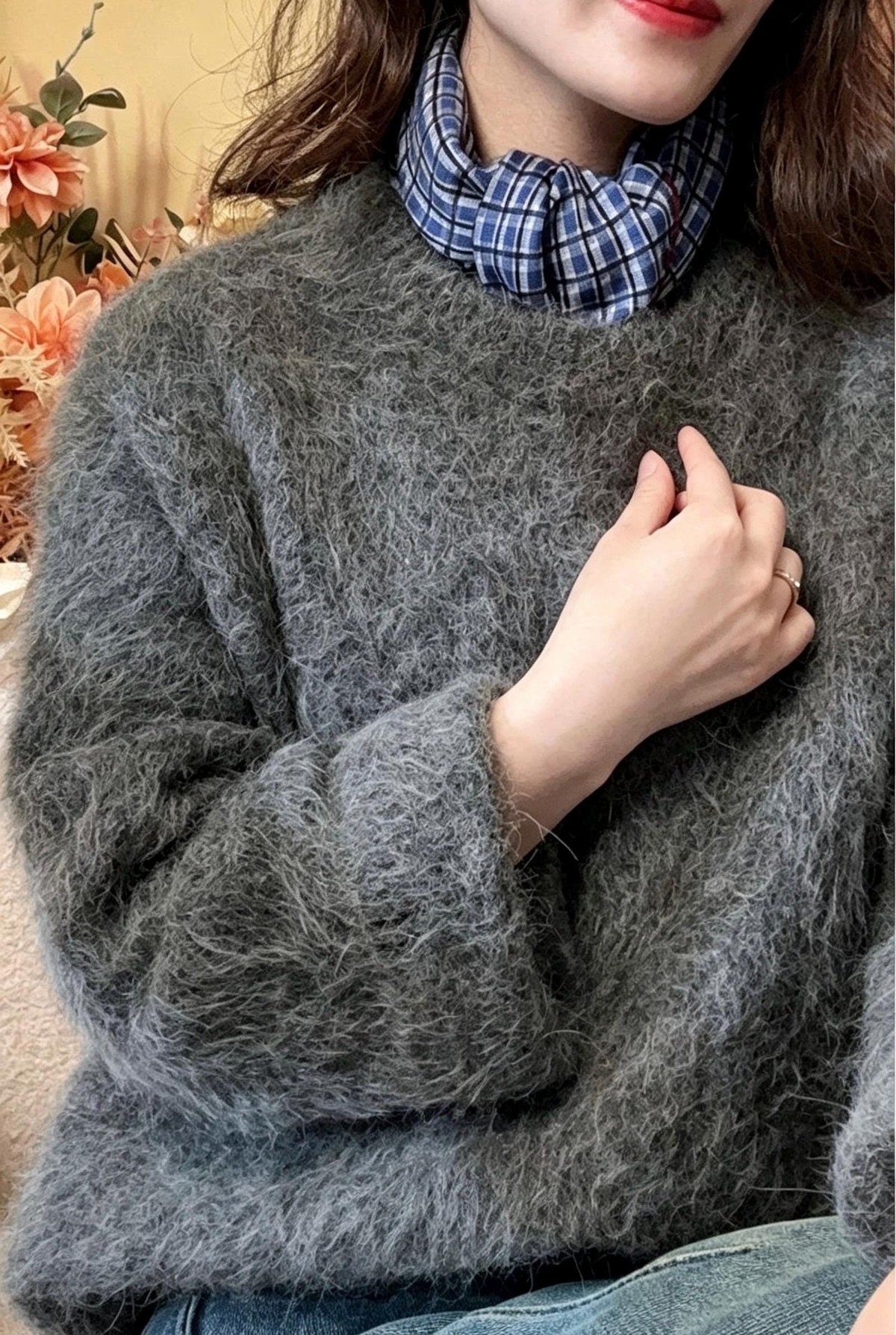 Silk Wool Scarf 27"x27" 68x68cm, Blue Plaid Silk Wool Square Scarf, Vintage Soft Blue Neckwear Shawl Wrap, Spring Gift for Her