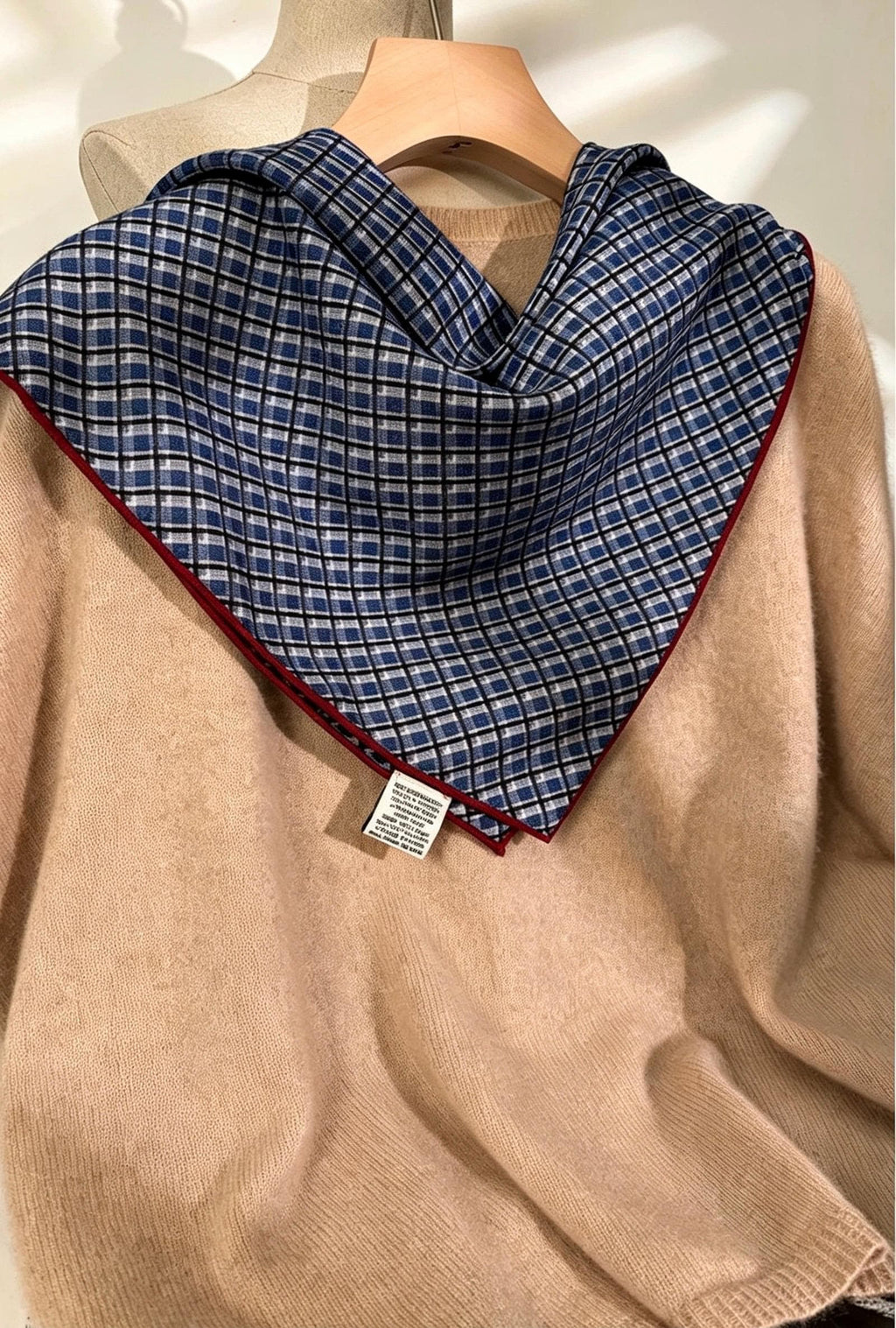 Silk Wool Scarf 27"x27" 68x68cm, Blue Plaid Silk Wool Square Scarf, Vintage Soft Blue Neckwear Shawl Wrap, Spring Gift for Her