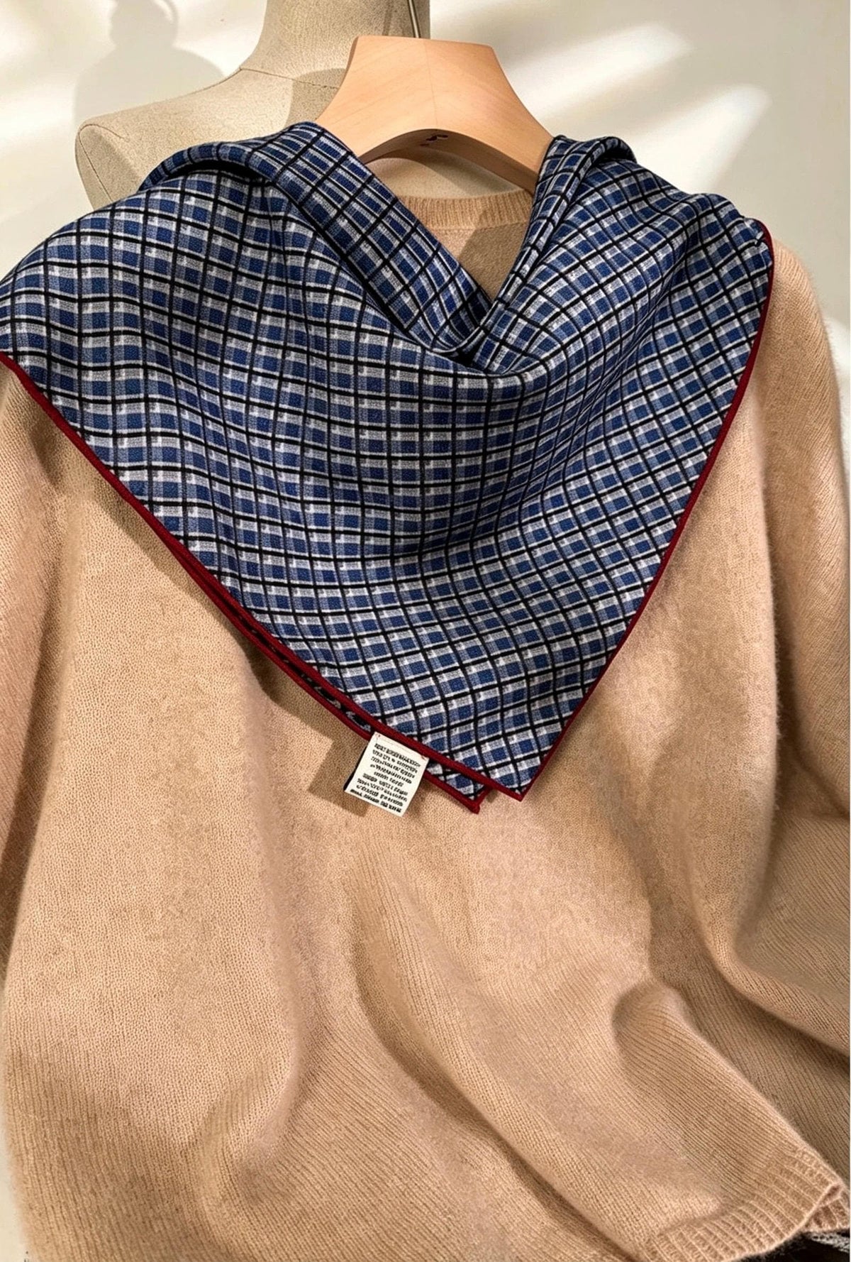 Silk Wool Scarf 27"x27" 68x68cm, Blue Plaid Silk Wool Square Scarf, Vintage Soft Blue Neckwear Shawl Wrap, Spring Gift for Her
