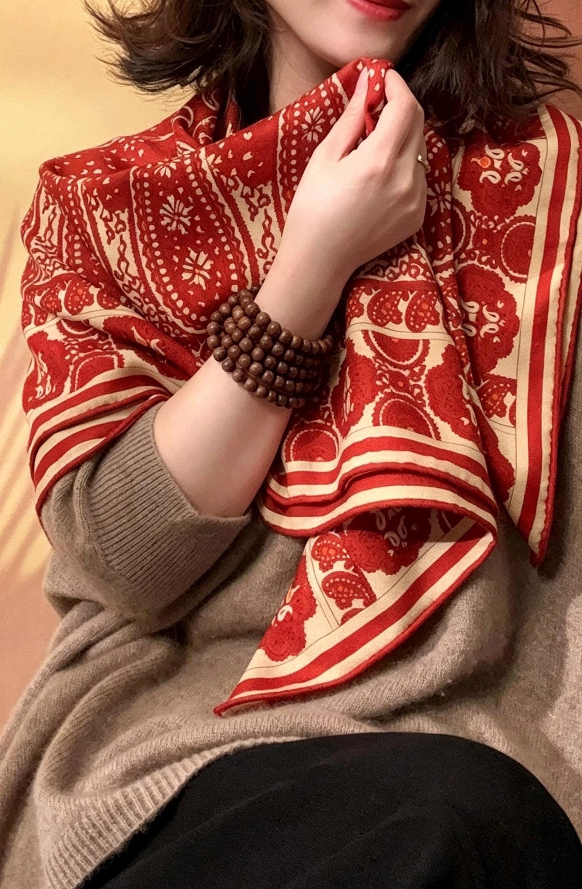 Silk Wool Scarf 35"x35" 88x88cm, Italian Paisley Luxury Silk Wool Square Scarf Shawl for Women