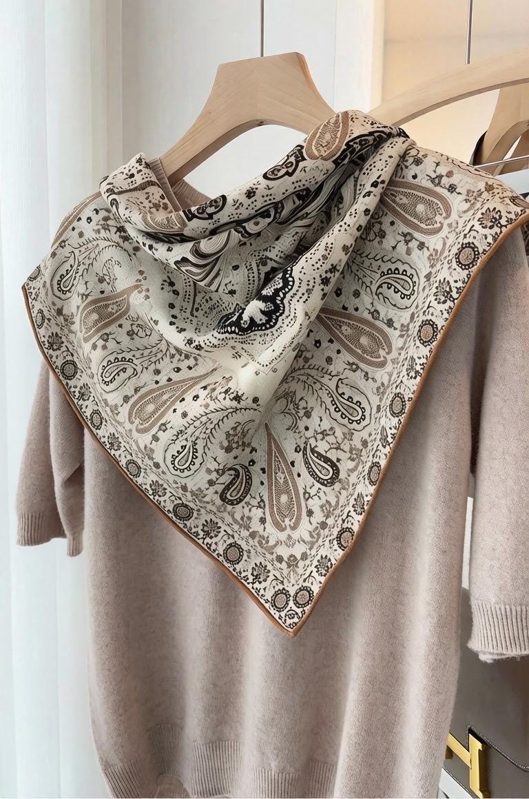 Silk Wool Scarf 35"x35" 88x88cm, Italian Paisley Silk Wool Square Scarf, Luxury Soft Shawl Wrap, Elegant Gift for Her