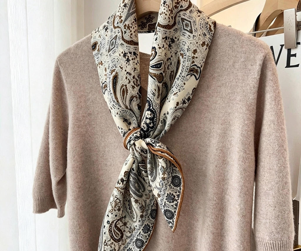 Silk Wool Scarf 35"x35" 88x88cm, Italian Paisley Silk Wool Square Scarf, Luxury Soft Shawl Wrap, Elegant Gift for Her