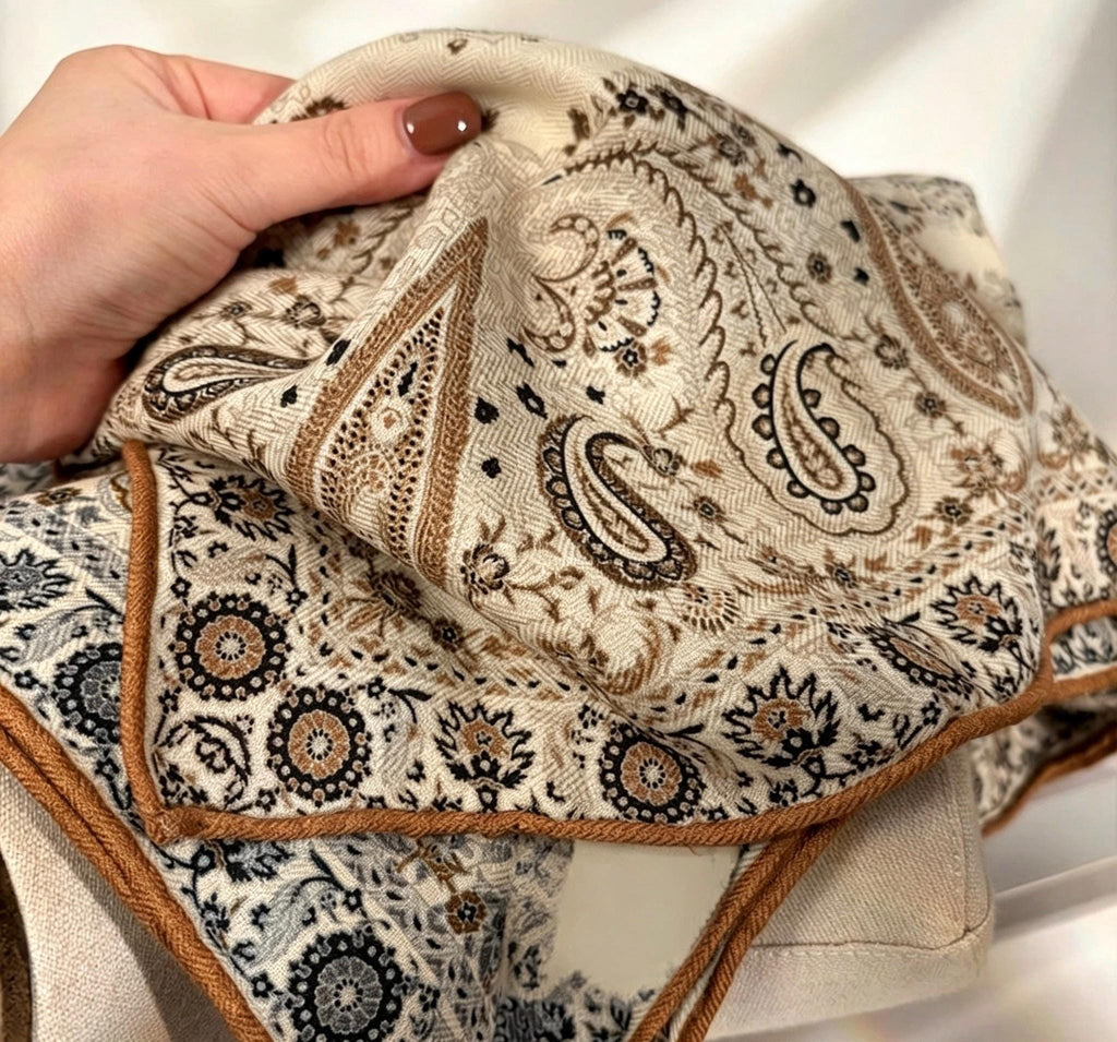 Silk Wool Scarf 35"x35" 88x88cm, Italian Paisley Silk Wool Square Scarf, Luxury Soft Shawl Wrap, Elegant Gift for Her