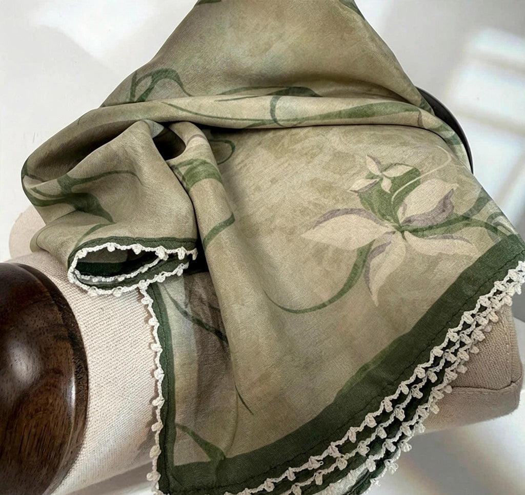 100% Mulberry Silk Scarf 27"x27" 68x68cm, Ink Orchid Cool Botanical Silk Crepe de Chine Square Scarf, Neckwear Shawl, Gift for Her