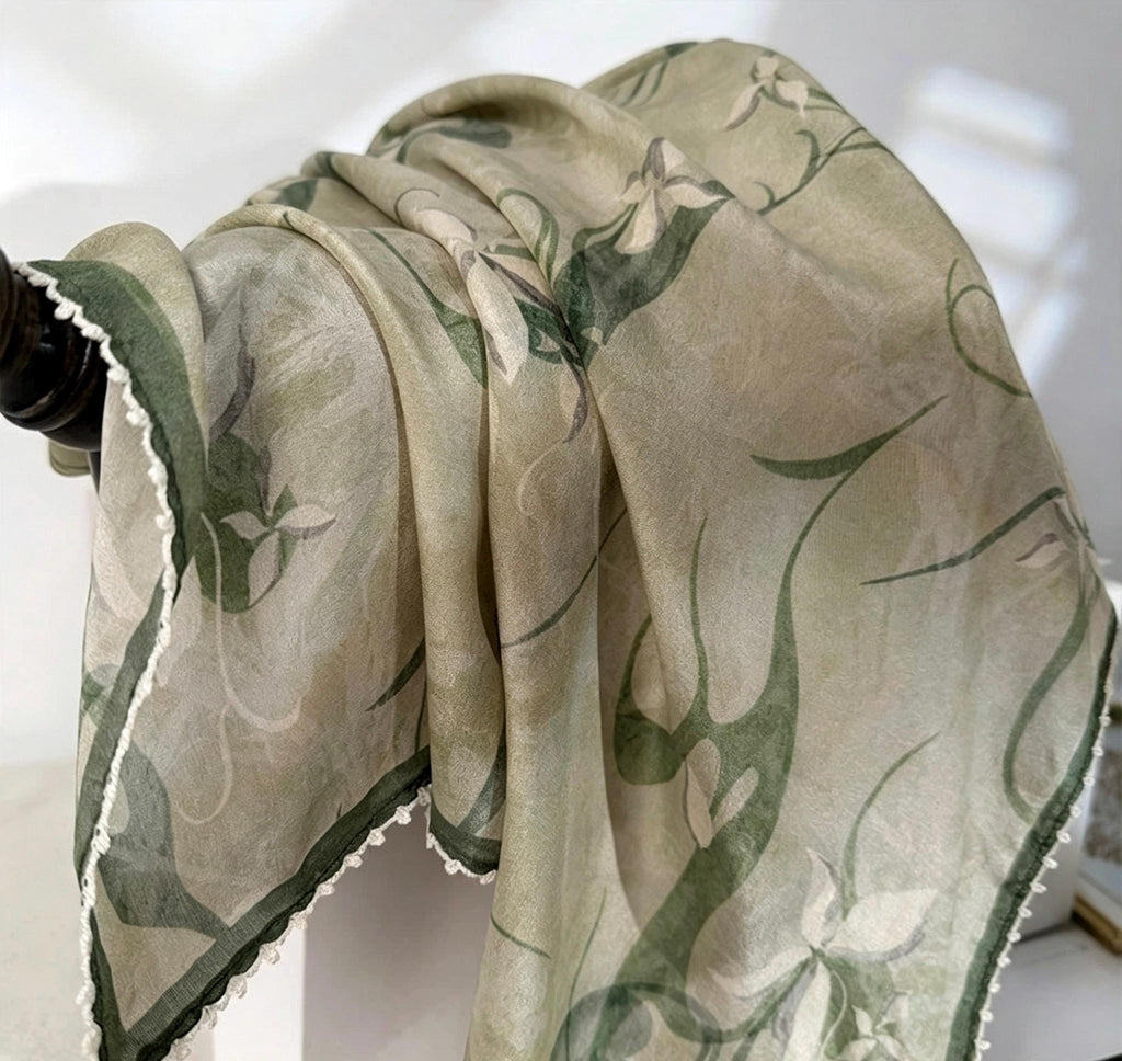 100% Mulberry Silk Scarf 27"x27" 68x68cm, Ink Orchid Cool Botanical Silk Crepe de Chine Square Scarf, Neckwear Shawl, Gift for Her