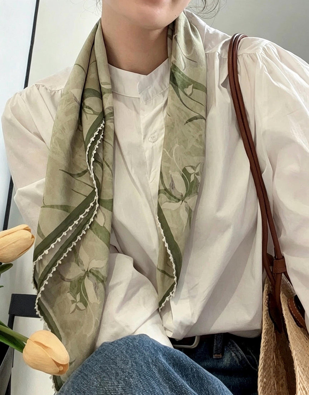 100% Mulberry Silk Scarf 27"x27" 68x68cm, Ink Orchid Cool Botanical Silk Crepe de Chine Square Scarf, Neckwear Shawl, Gift for Her