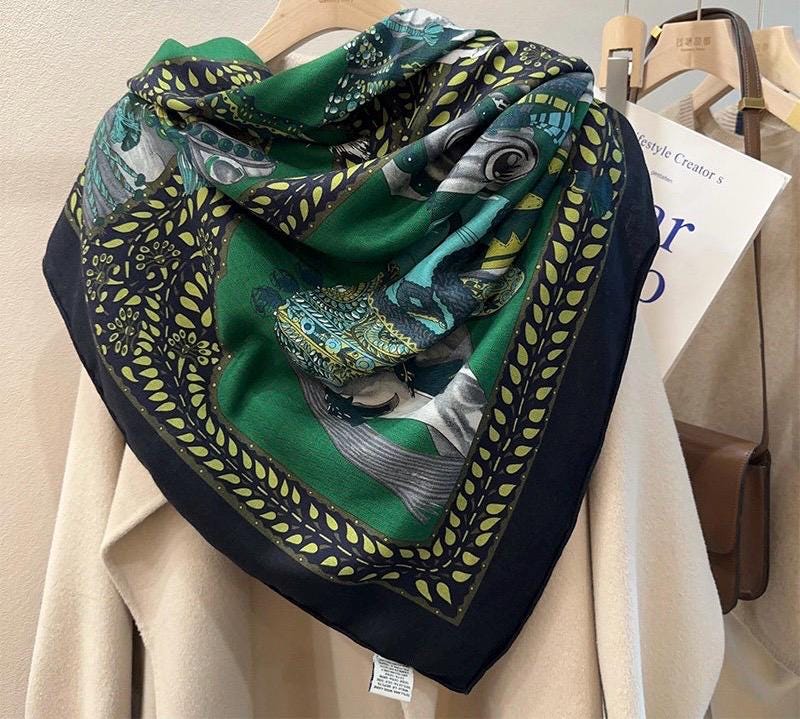 Silk Wool Scarf 53"x53" 135x135cm, Dark Emerald Green Equestrian Horse Silk Wool Square Scarf, Winter Oversized Shawl, Gift for Her