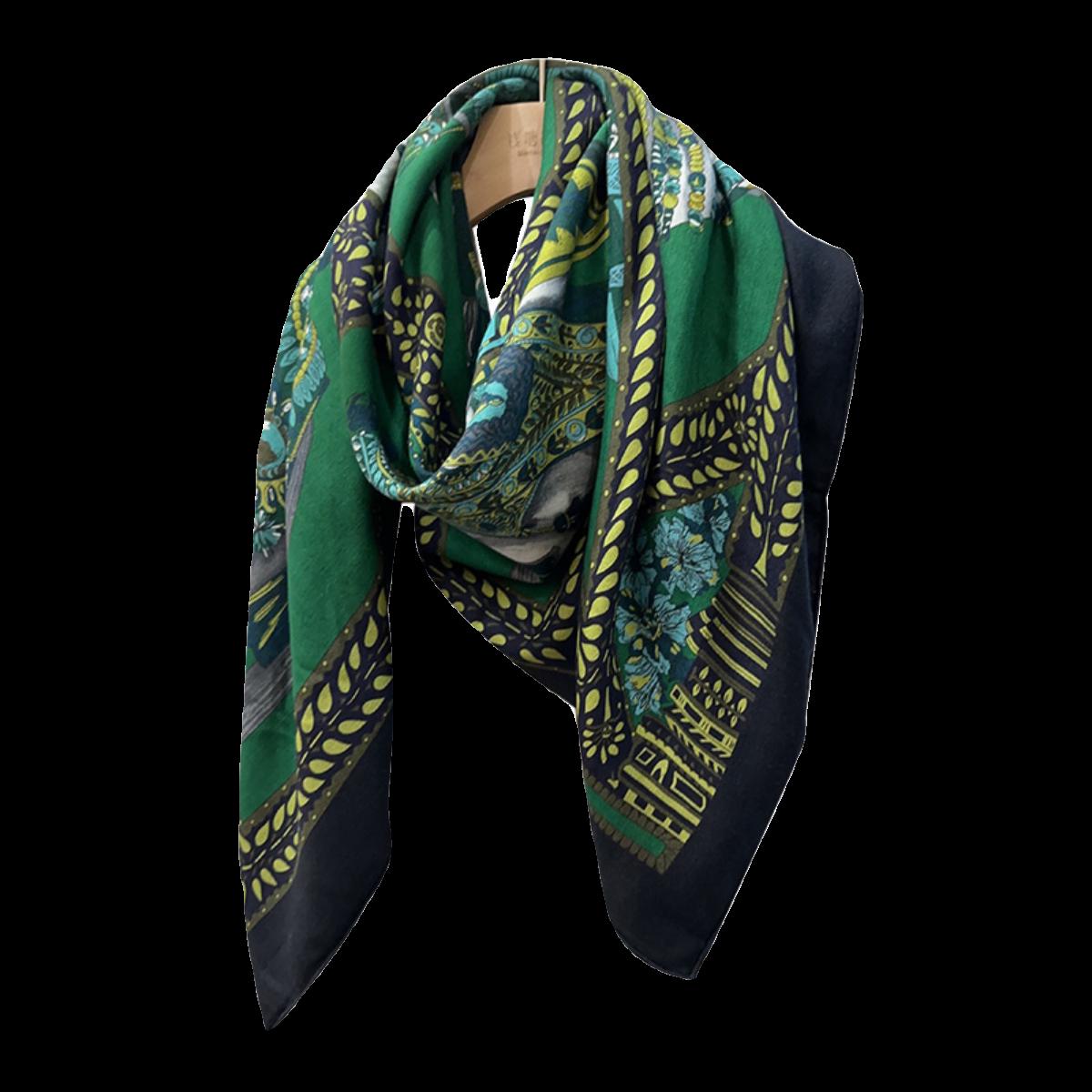 Silk Wool Scarf 53"x53" 135x135cm, Dark Emerald Green Equestrian Horse Silk Wool Square Scarf, Winter Oversized Shawl, Gift for Her