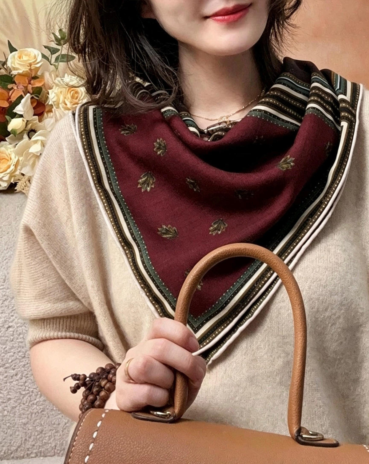 Silk Wool Scarf 26"x26" 65x65cm, Italian Style Four Grid Color Block Silk Wool Square Scarf, Neckwear Shawl Wrap, Winter Gift for Her
