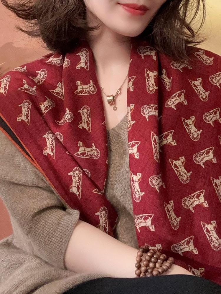 Silk Wool Scarf 35"x35" 88x88cm, Italian Red Black Horse Carriage Silk Wool Square Scarf, Luxury Soft Shawl Wrap, Gift for Her