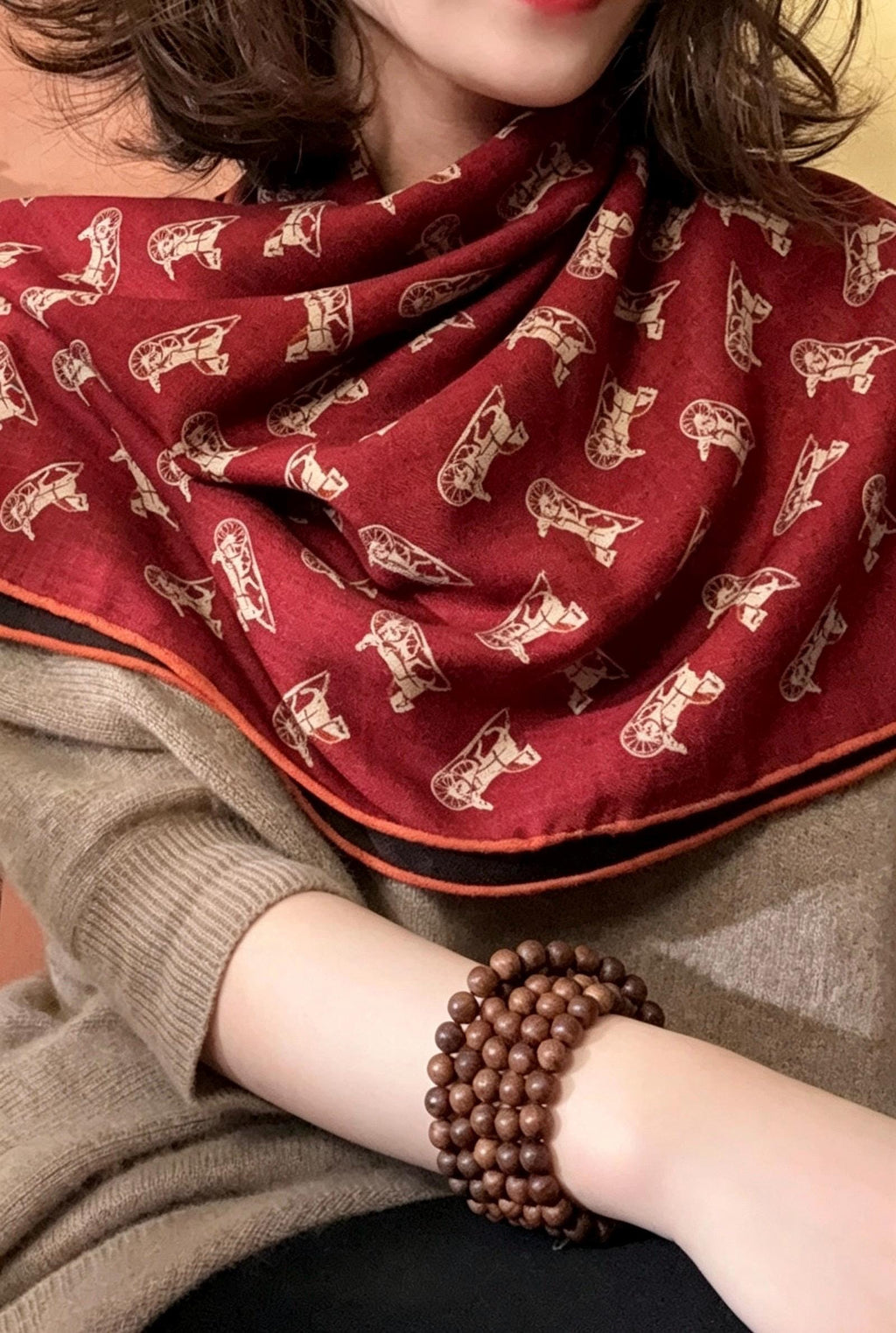 Silk Wool Scarf 35"x35" 88x88cm, Italian Red Black Horse Carriage Silk Wool Square Scarf, Luxury Soft Shawl Wrap, Gift for Her