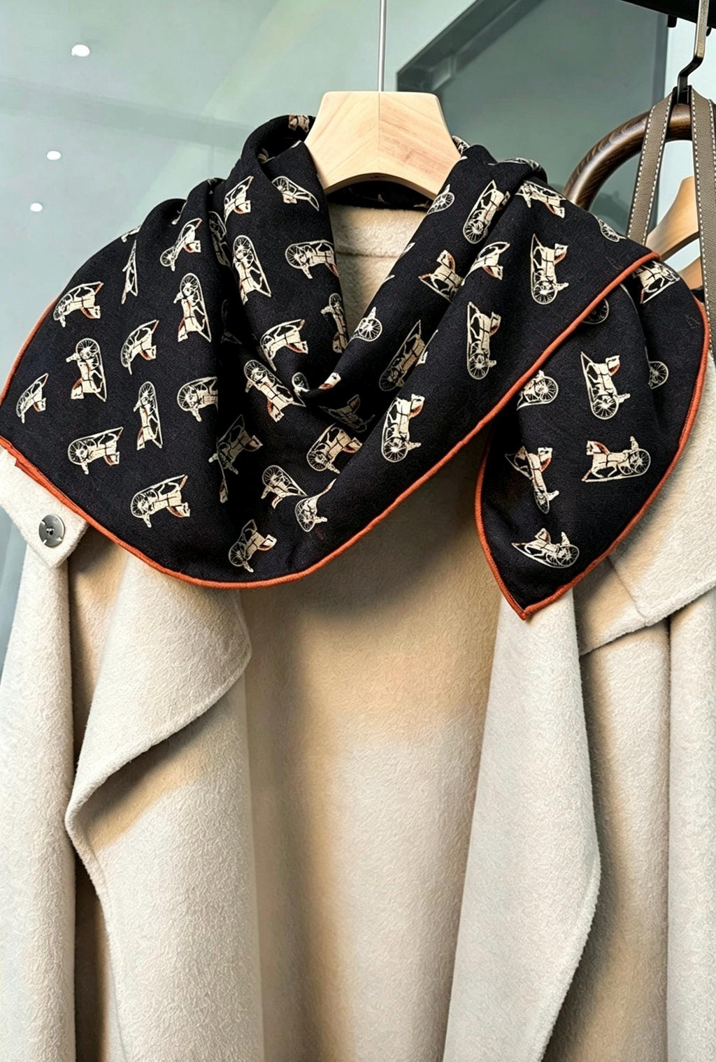 Silk Wool Scarf 35"x35" 88x88cm, Italian Red Black Horse Carriage Silk Wool Square Scarf, Luxury Soft Shawl Wrap, Gift for Her