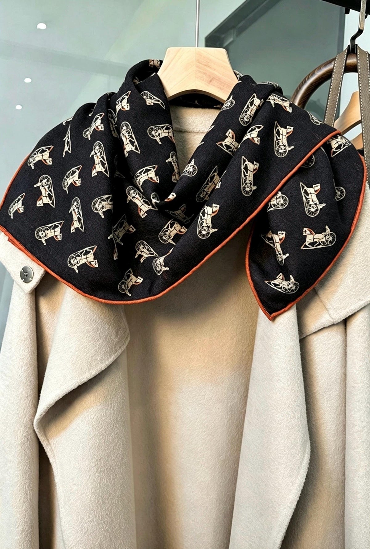 Silk Wool Scarf 35"x35" 88x88cm, Italian Red Black Horse Carriage Silk Wool Square Scarf, Luxury Soft Shawl Wrap, Gift for Her