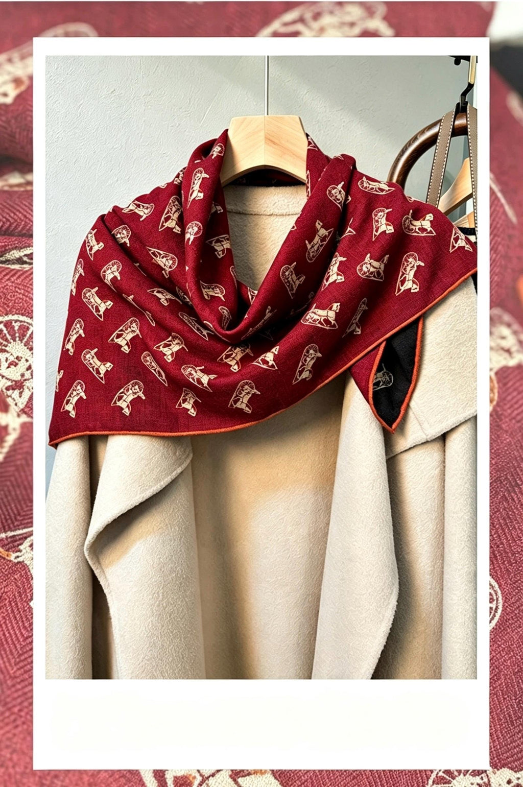 Silk Wool Scarf 35"x35" 88x88cm, Italian Red Black Horse Carriage Silk Wool Square Scarf, Luxury Soft Shawl Wrap, Gift for Her