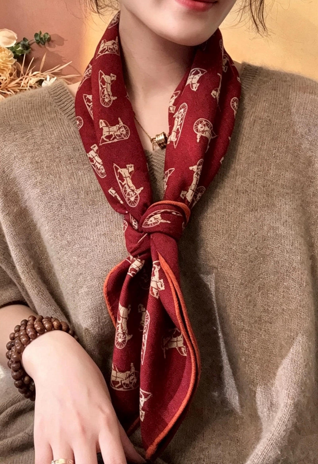 Silk Wool Scarf 35"x35" 88x88cm, Italian Red Black Horse Carriage Silk Wool Square Scarf, Luxury Soft Shawl Wrap, Gift for Her