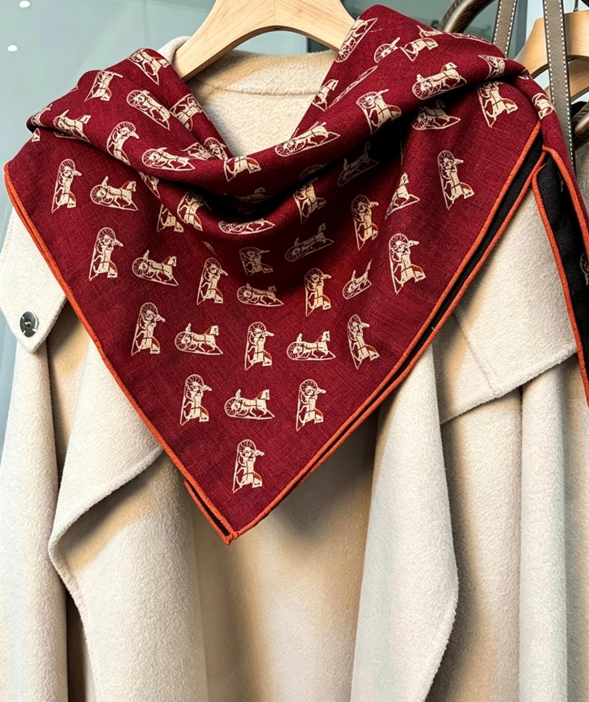 Silk Wool Scarf 35"x35" 88x88cm, Italian Red Black Horse Carriage Silk Wool Square Scarf, Luxury Soft Shawl Wrap, Gift for Her