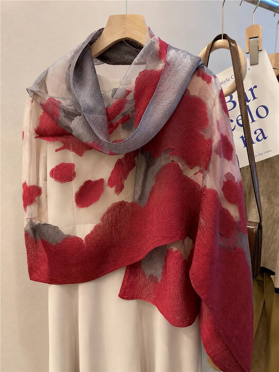 Wrapwhisper 3D Rose Cut-Flower Organza Silk Shawl – Elegant Gradient Floral Wrap, Sheer Wedding Scarf, Lightweight Oversized Women’s Stole
