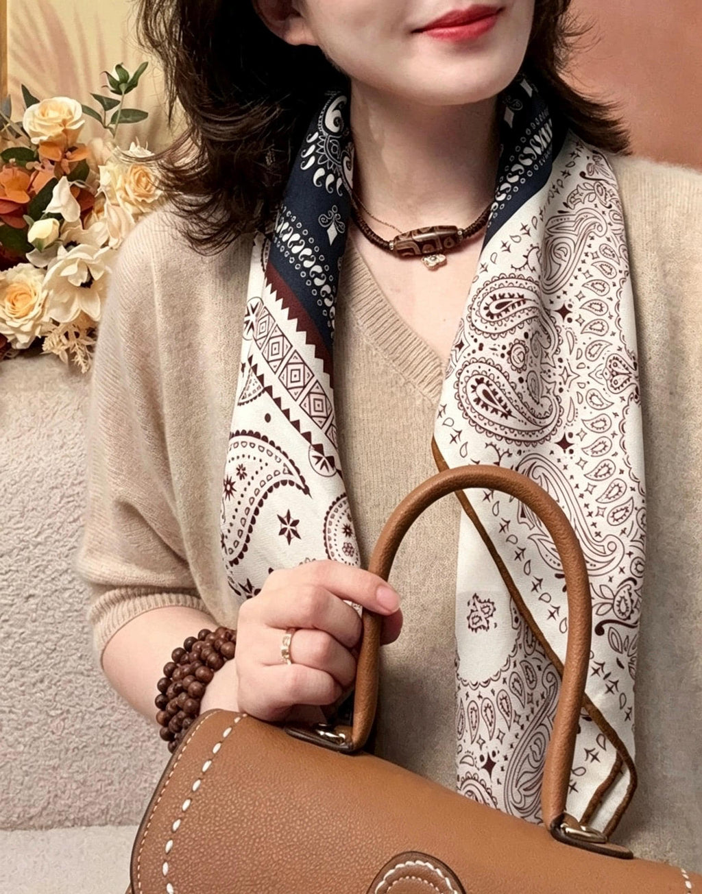 Silk Wool Scarf 35"x35" 88x88cm, Italian Paisley Four Grid Silk Wool Square Scarf, Winter Shawl Wrap, Gift for Her