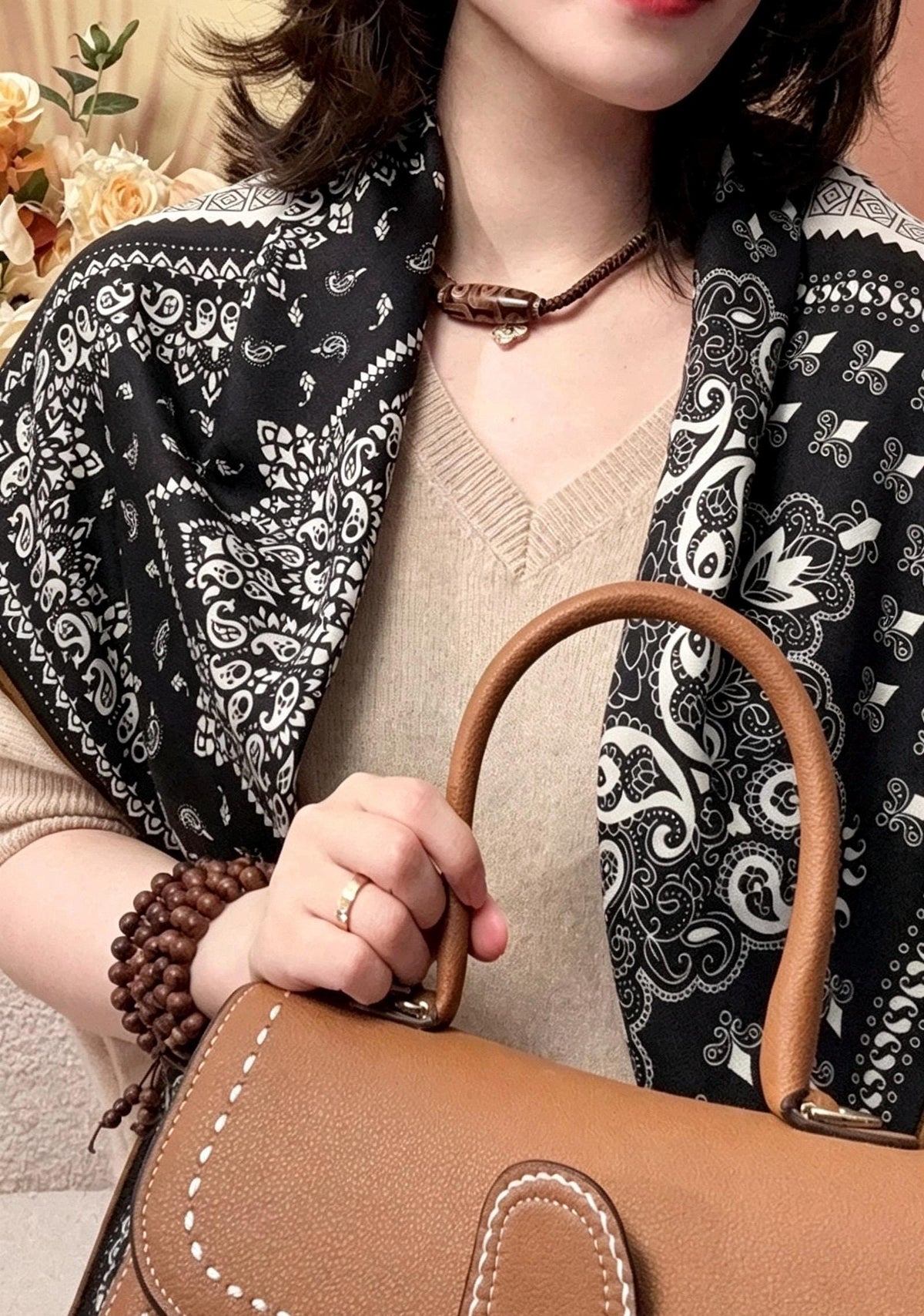 Silk Wool Scarf 35"x35" 88x88cm, Italian Paisley Four Grid Silk Wool Square Scarf, Winter Shawl Wrap, Gift for Her