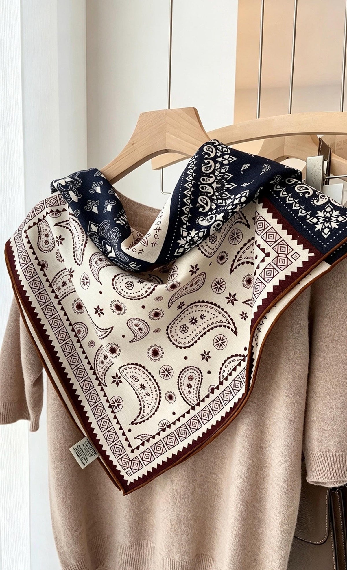 Silk Wool Scarf 35"x35" 88x88cm, Italian Paisley Four Grid Silk Wool Square Scarf, Winter Shawl Wrap, Gift for Her