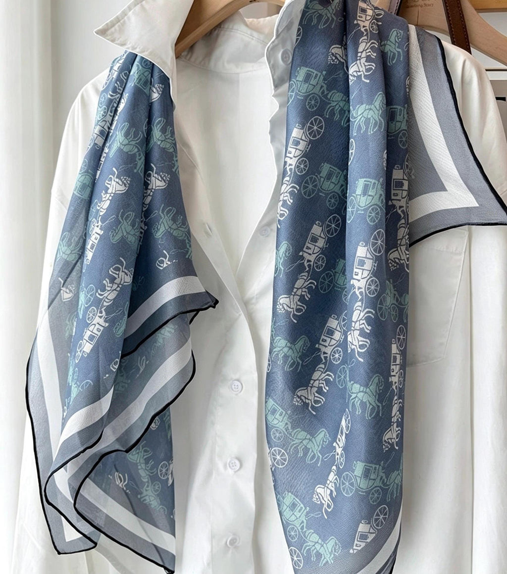 100% Mulberry Silk Scarf 42"x42" 108x108cm, Vintage Haze Blue Horse Carriage Silk Square Scarf, Soft Shawl Wrap, Gift for Her