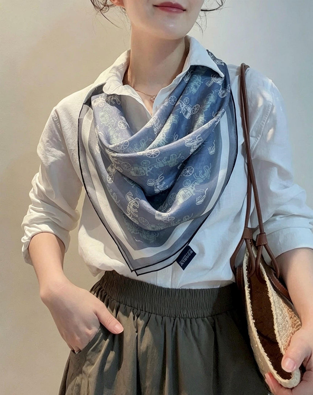 100% Mulberry Silk Scarf 42"x42" 108x108cm, Vintage Haze Blue Horse Carriage Silk Square Scarf, Soft Shawl Wrap, Gift for Her