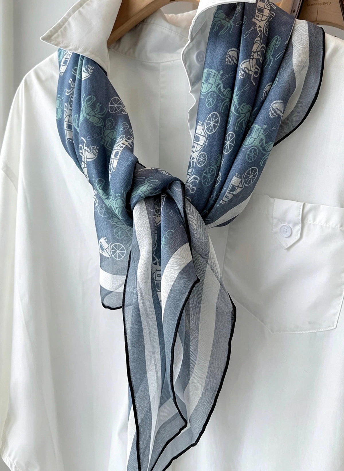 100% Mulberry Silk Scarf 42"x42" 108x108cm, Vintage Haze Blue Horse Carriage Silk Square Scarf, Soft Shawl Wrap, Gift for Her