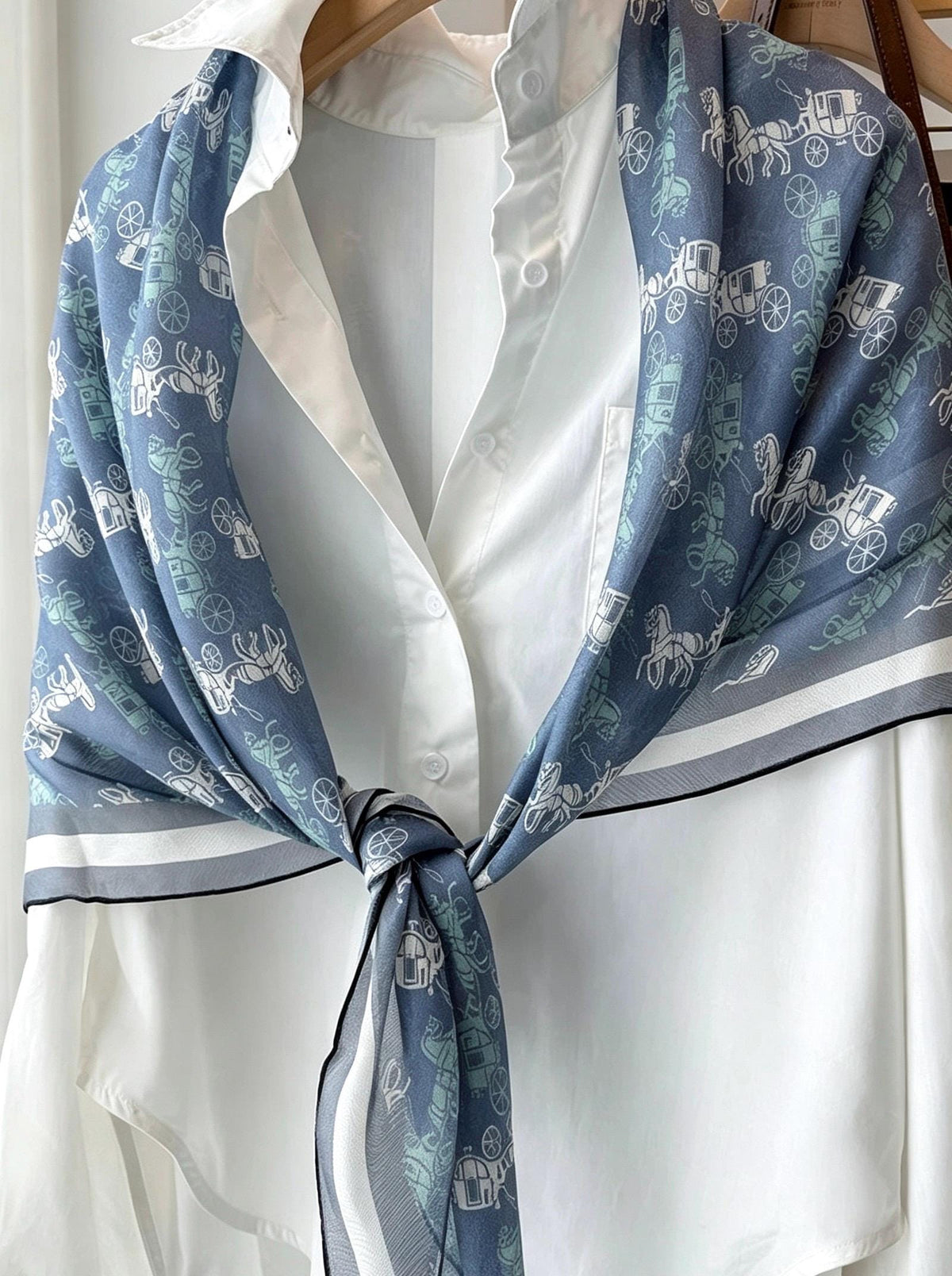 100% Mulberry Silk Scarf 42"x42" 108x108cm, Vintage Haze Blue Horse Carriage Silk Square Scarf, Soft Shawl Wrap, Gift for Her