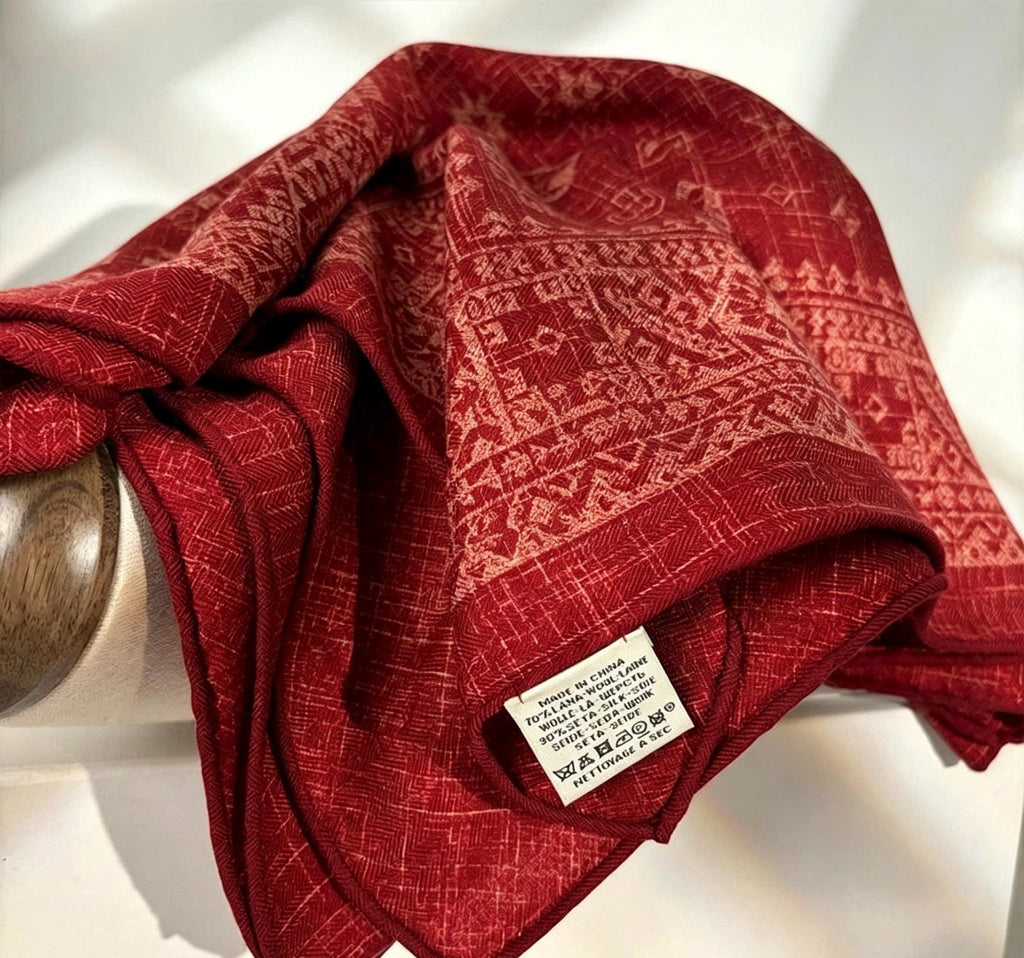 Silk Wool Scarf 35"x35" 88x88cm, Ancora Red Tie Dye Silk Wool Square Scarf, Artisanal Winter Shawl Wrap, Elegant Gift for Her