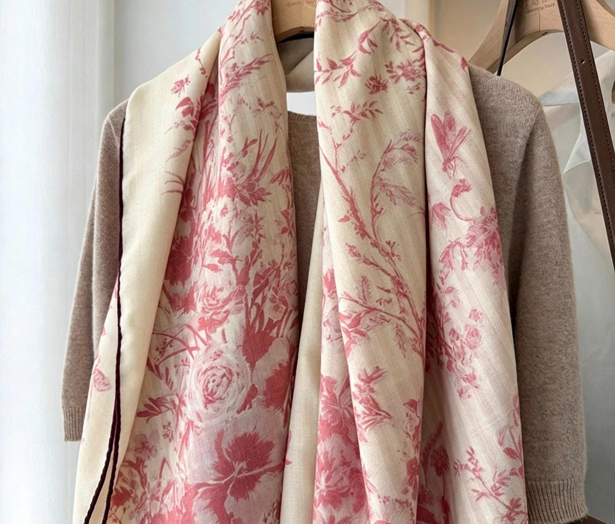 Silk Wool Scarf 53"x53" 135x135cm, Muted Pastel Pink Garden Floral Silk Wool Square Scarf, Winter Soft Shawl Wrap, Gift for Her