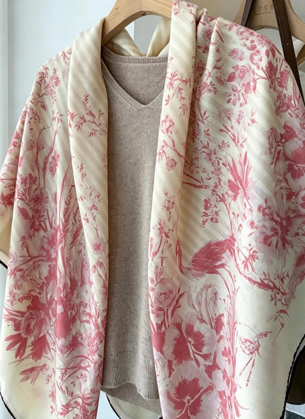 Silk Wool Scarf 53"x53" 135x135cm, Muted Pastel Pink Garden Floral Silk Wool Square Scarf, Winter Soft Shawl Wrap, Gift for Her