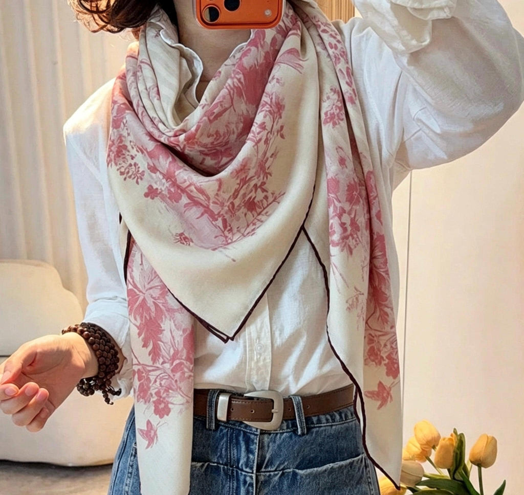 Silk Wool Scarf 53"x53" 135x135cm, Muted Pastel Pink Garden Floral Silk Wool Square Scarf, Winter Soft Shawl Wrap, Gift for Her