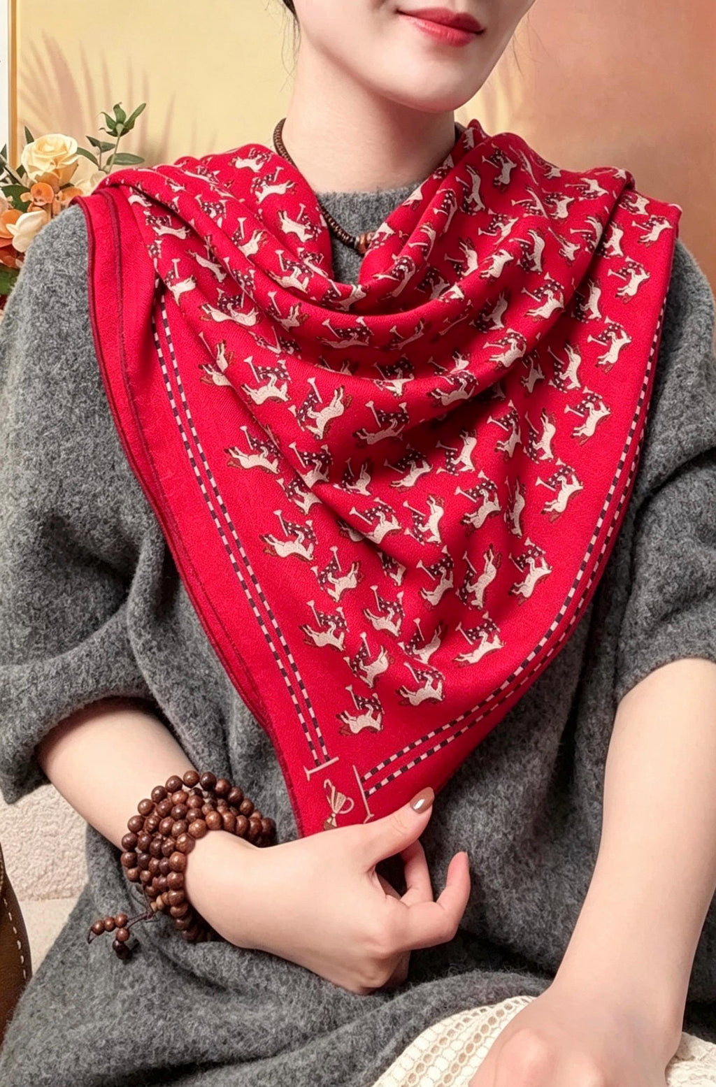 Silk Wool Scarf 35"x35" 88x88cm, Cute Playful Horse Silk Wool Square Scarf, Whimsical Spring Shawl Wrap, Cute Gift for Her