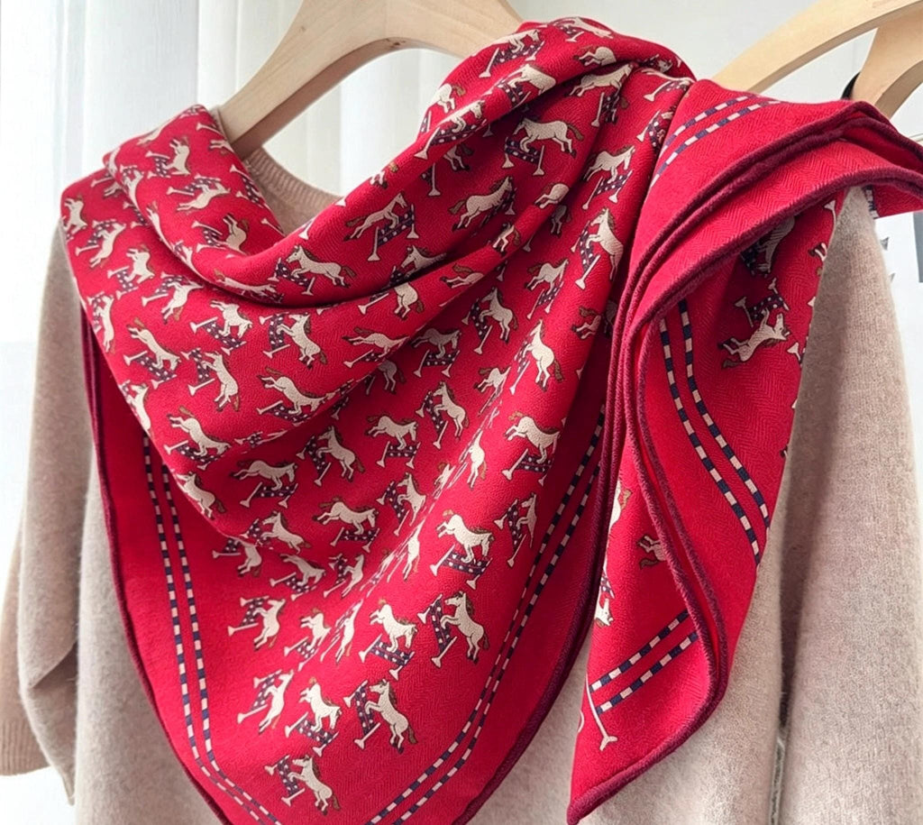 Silk Wool Scarf 35"x35" 88x88cm, Cute Playful Horse Silk Wool Square Scarf, Whimsical Spring Shawl Wrap, Cute Gift for Her