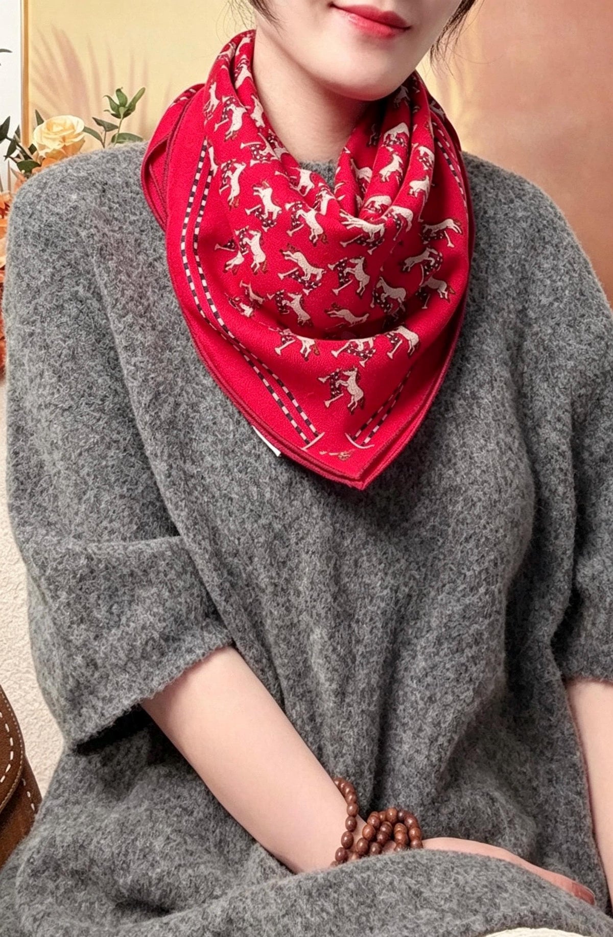 Silk Wool Scarf 35"x35" 88x88cm, Cute Playful Horse Silk Wool Square Scarf, Whimsical Spring Shawl Wrap, Cute Gift for Her