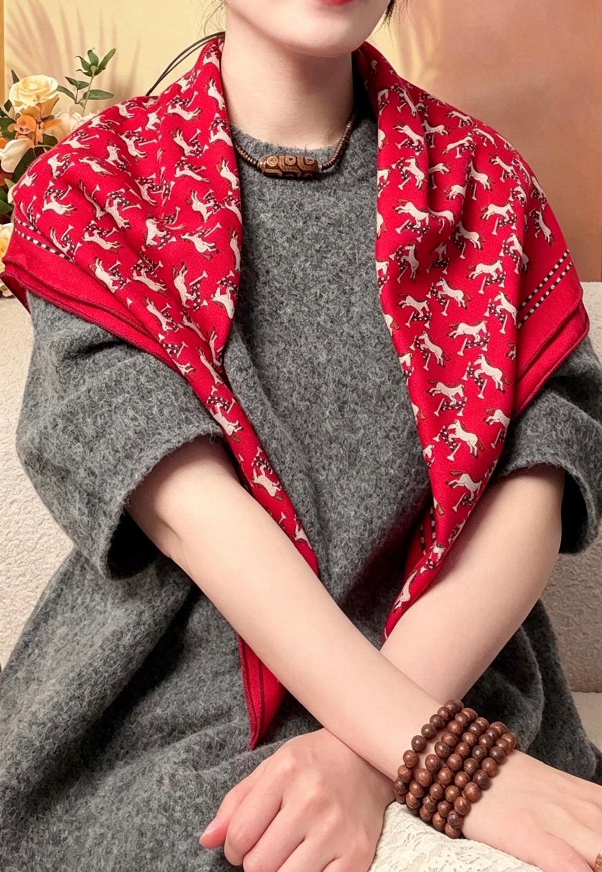 Silk Wool Scarf 35"x35" 88x88cm, Cute Playful Horse Silk Wool Square Scarf, Whimsical Spring Shawl Wrap, Cute Gift for Her