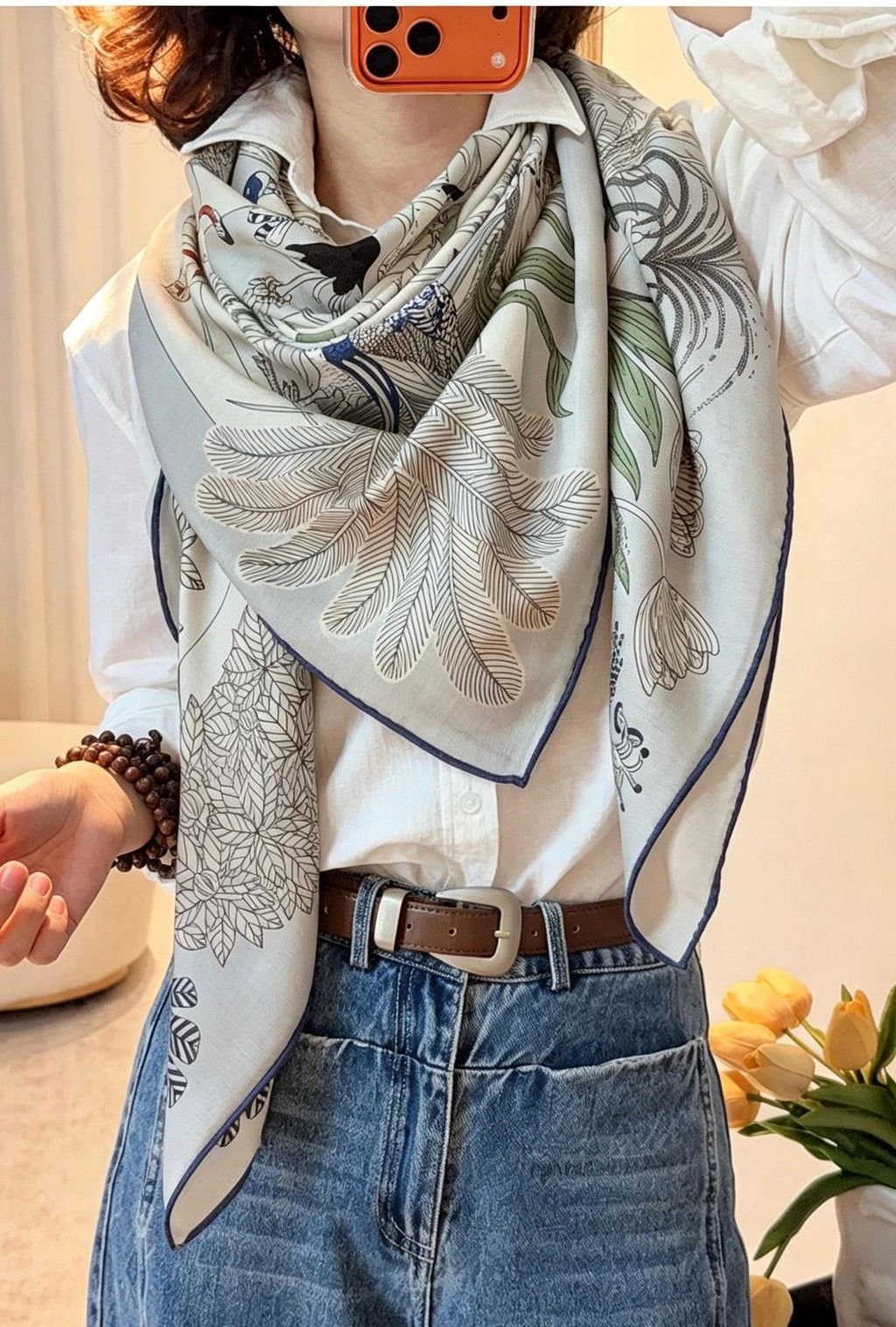Silk Wool Scarf 53"x53" 135x135cm, Muted Dust Blue Exotic Paradise Silk Wool Square Scarf, Winter Soft Shawl Wrap, Gift for Her